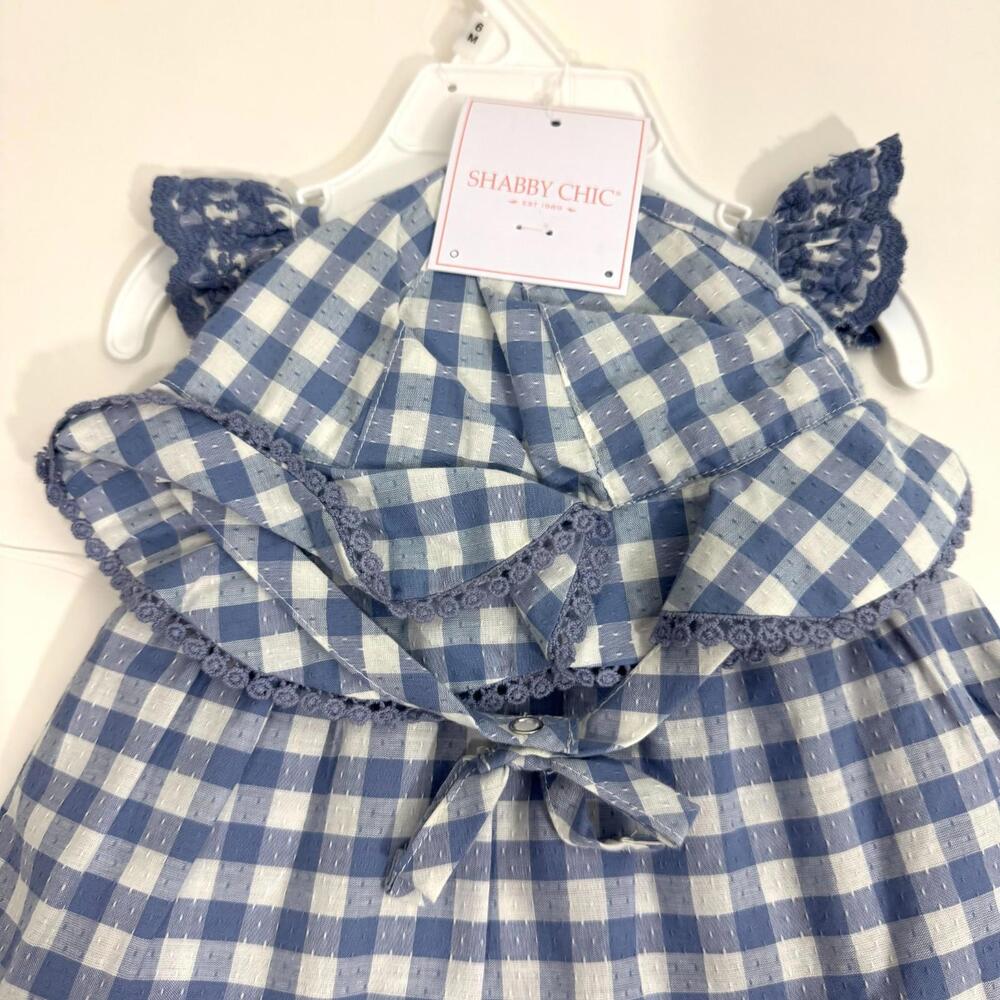 Shabby Chic Baby Girl Size 3-6M Blue Gingham Print Sun Dress Matching Hat Set - Picture 8 of 9